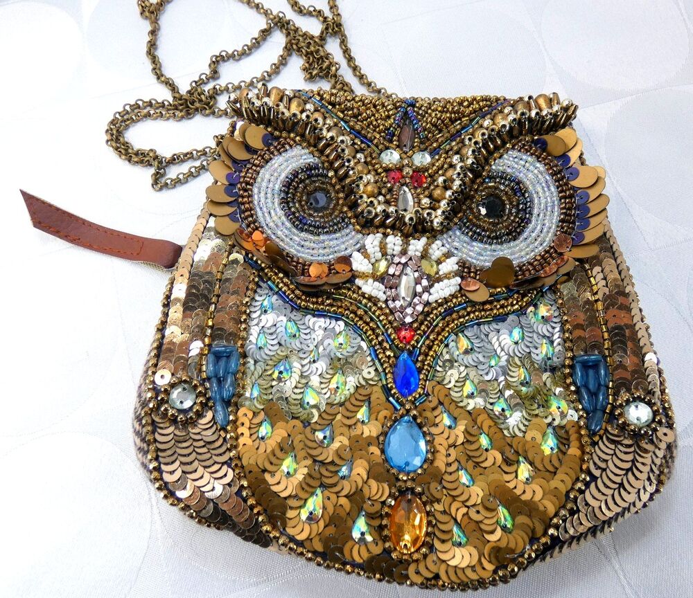 CATO OWL Handbag Beads Sequins Stones Pearls Zip Pocket Brown Tweed NEW